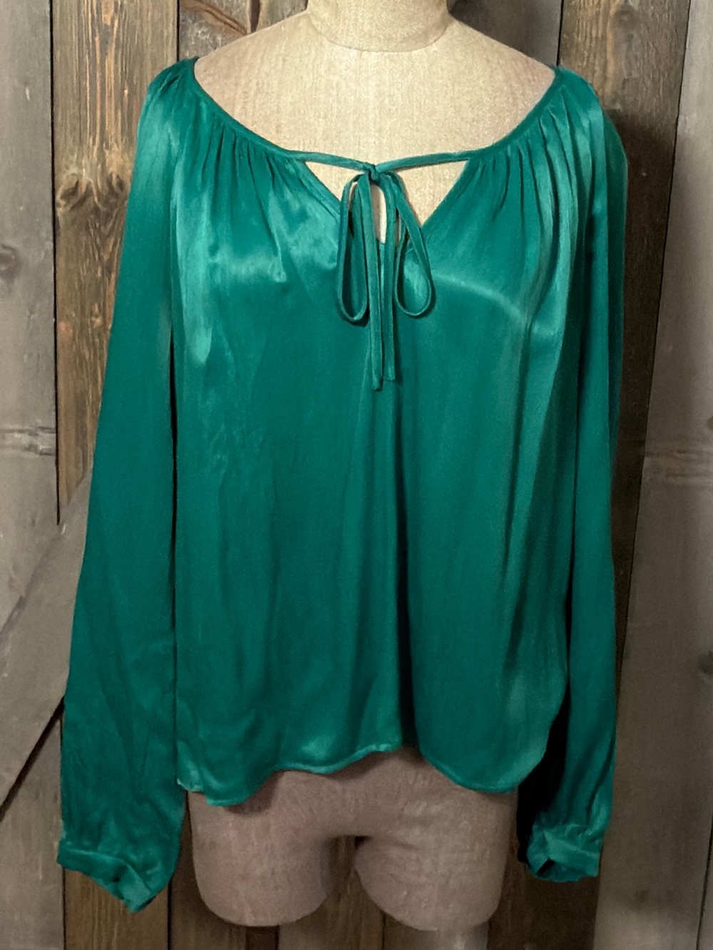 Nation LTD Ellie Forest Green Satin Tie Neck Long Sleeve Dressy Office Blouse